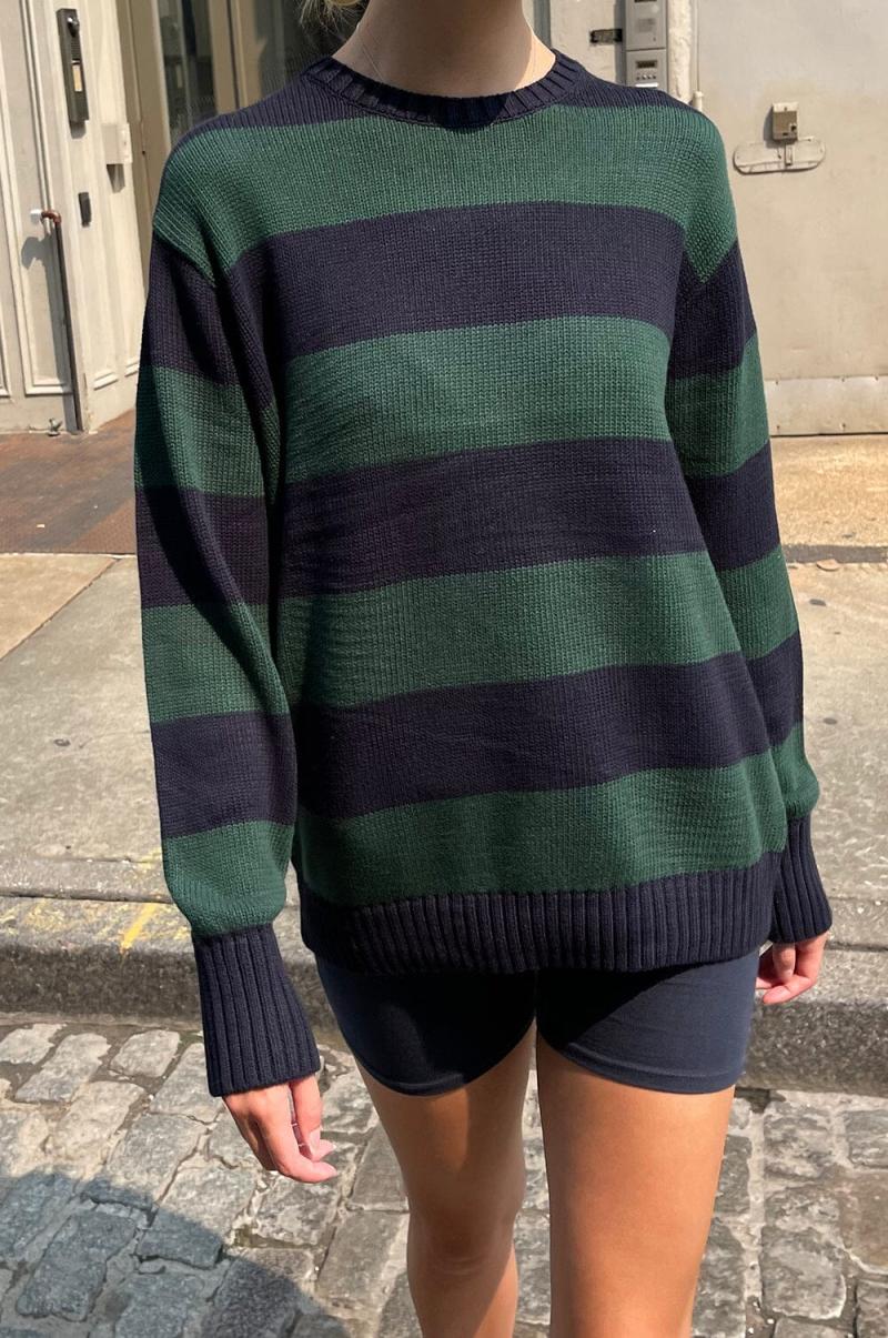 Brianna Cotton Thick Stripe Sweater Sweaters Brandy Melville Navy Blue And Dark Green Stripes Women - 1
