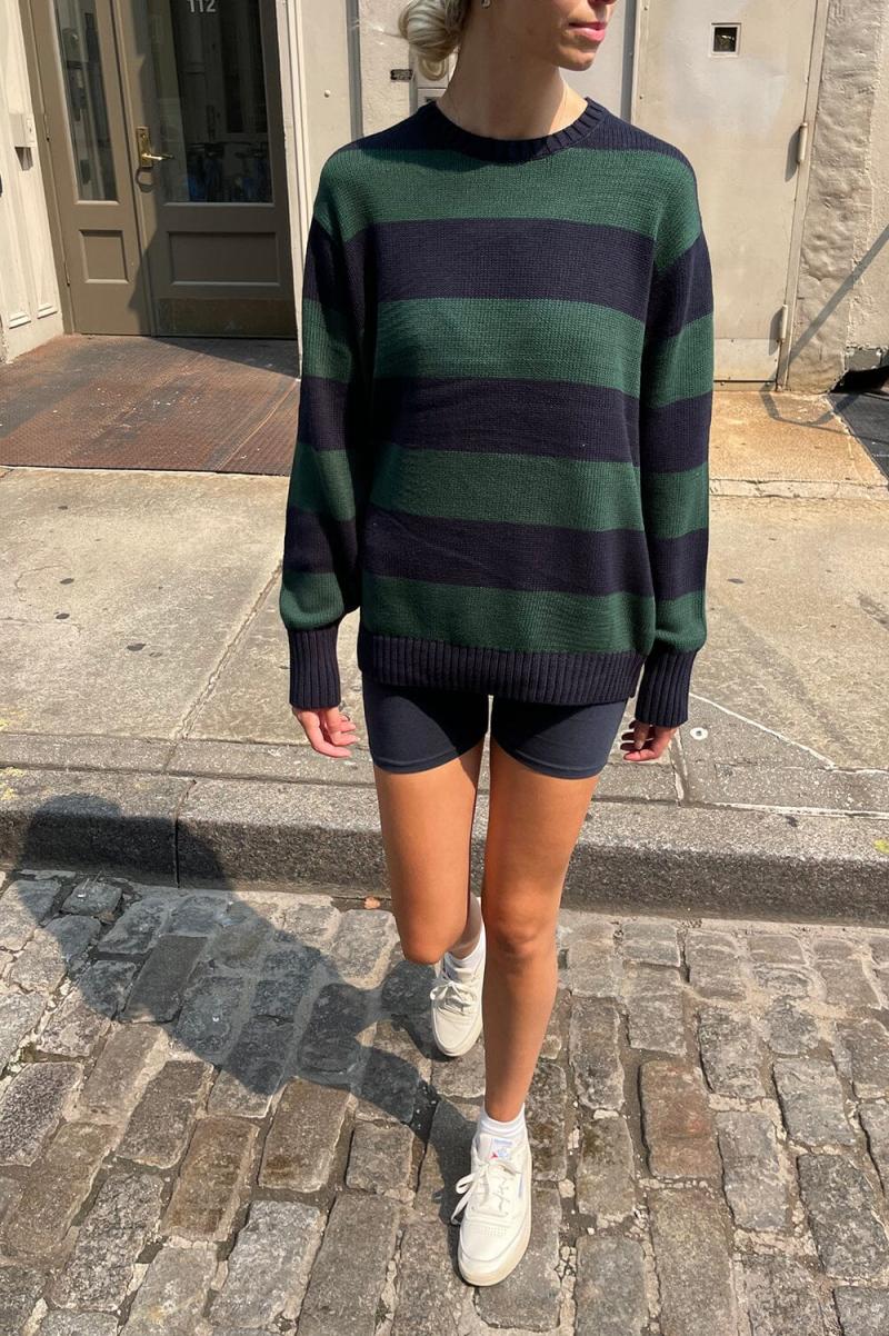 Brianna Cotton Thick Stripe Sweater Sweaters Brandy Melville Navy Blue And Dark Green Stripes Women