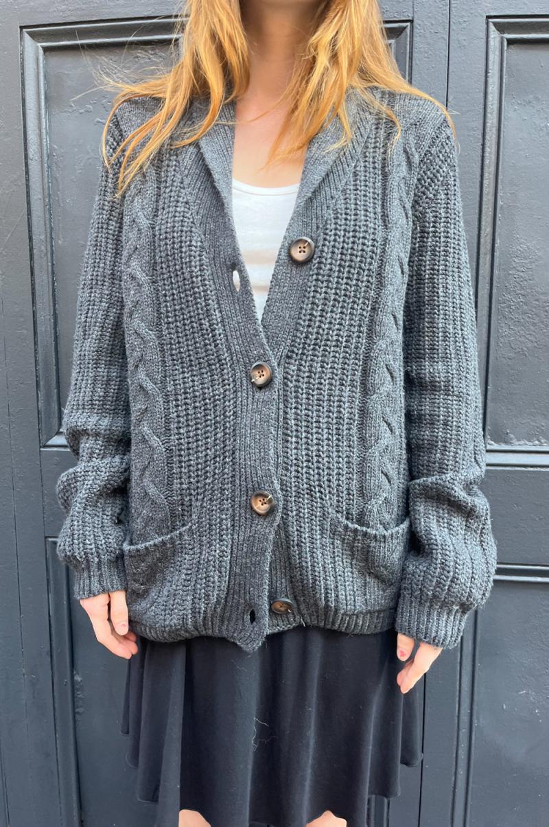 Brandy Melville Women Sweaters Autumn Wool Cable Knit Cardigan Charcoal - 2