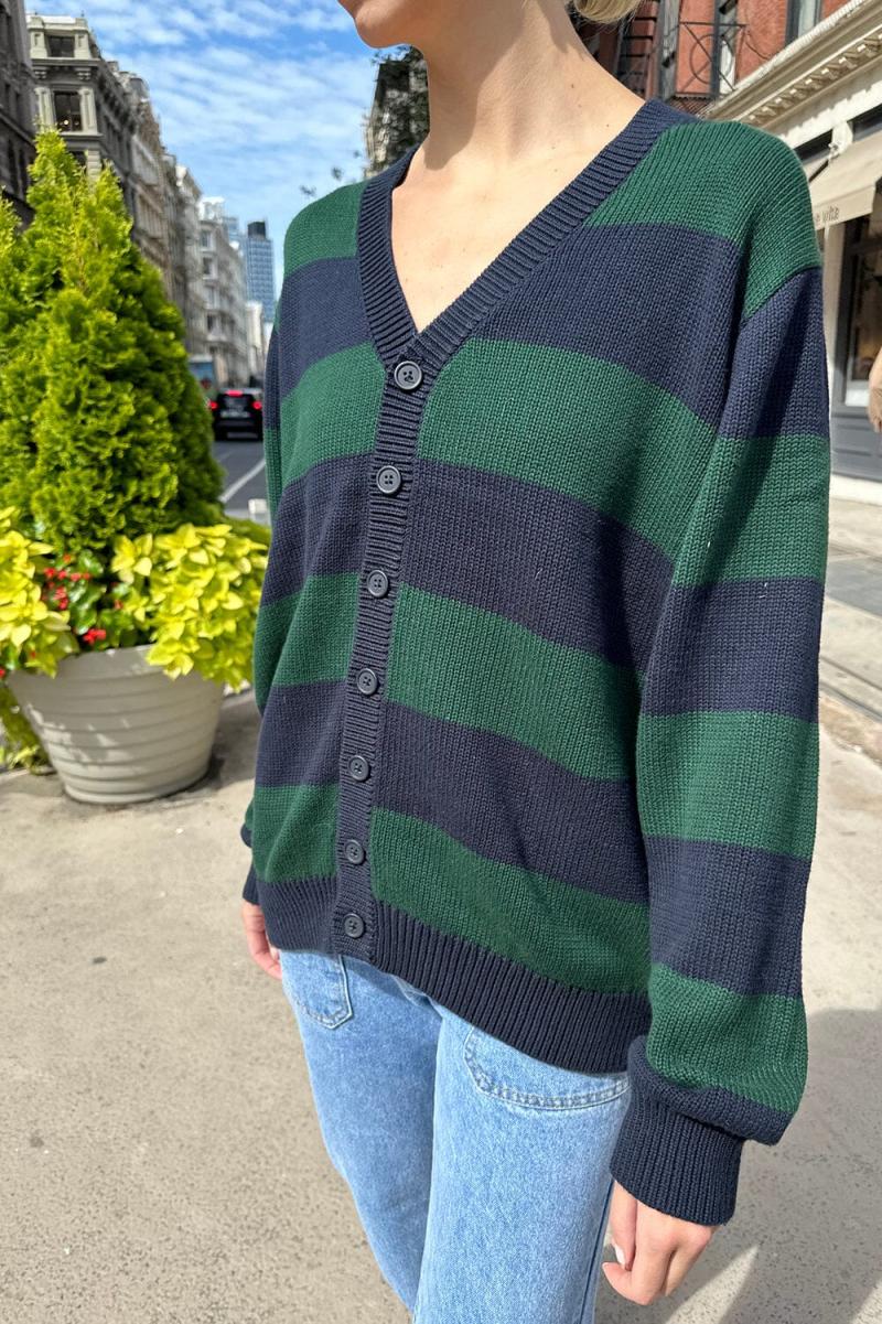 Brandy Melville Navy Blue And Dark Green Stripes Sweaters Maya Cotton Stripe Cardigan Women - 1