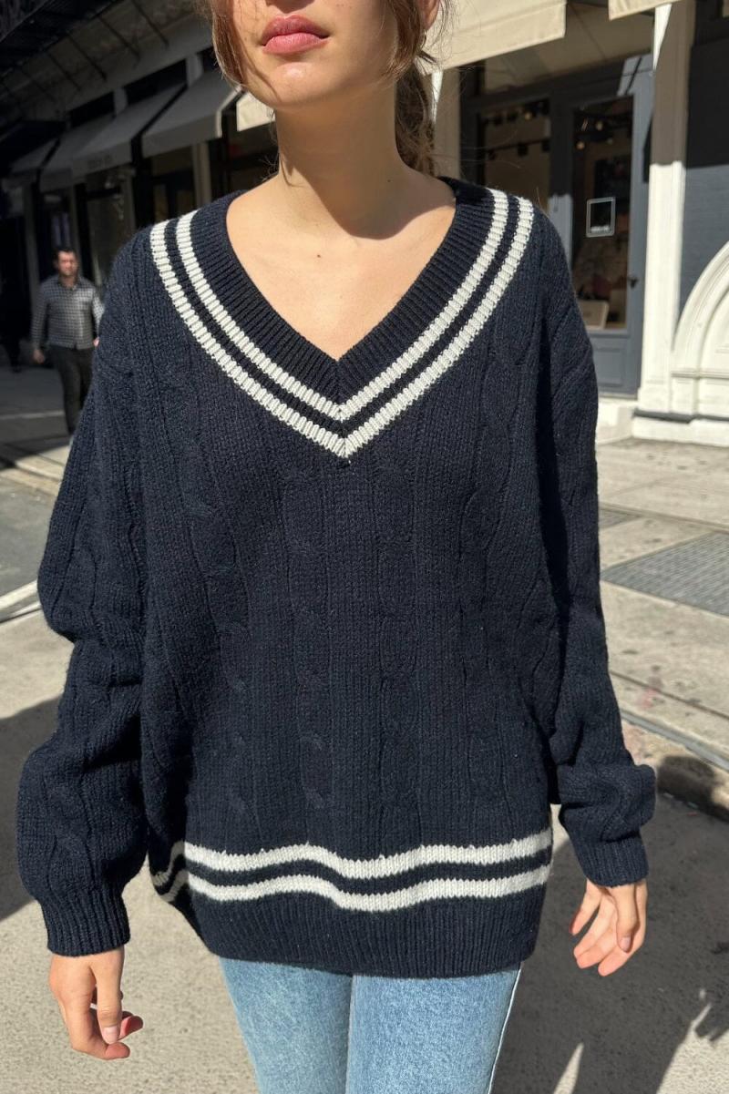 Sweaters Midnight Blue White Trim Brandy Melville Nikki Heavy Wool Stripe Sweater Women - 3