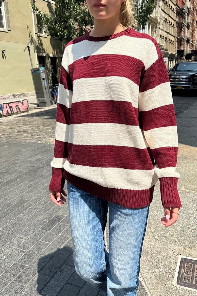 Brandy Melville Burgundy Ivory Stripes Women Brianna Cotton Thick Stripe Sweater Sweaters - 1