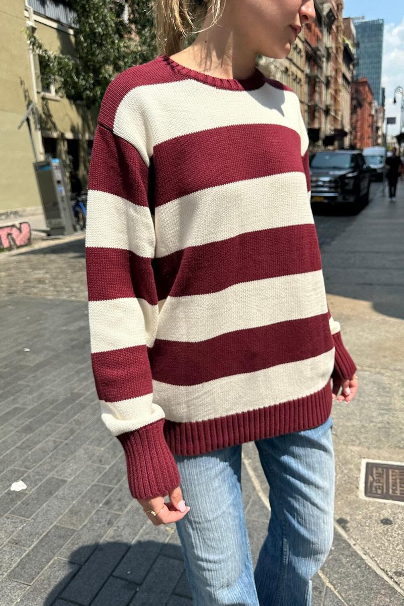 Brandy Melville Burgundy Ivory Stripes Women Brianna Cotton Thick Stripe Sweater Sweaters - 2