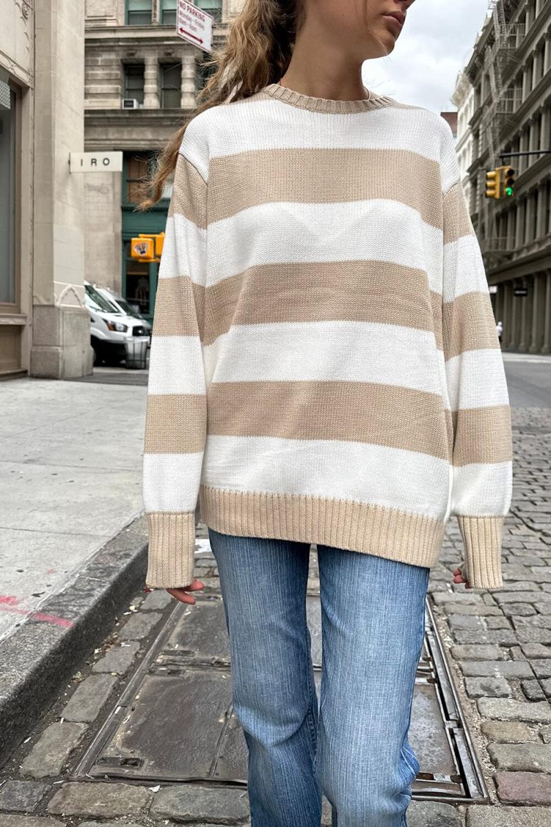 Brandy Melville Women Latte Ivory Stripes Sweaters Brianna Cotton Thick Stripe Sweater - 1