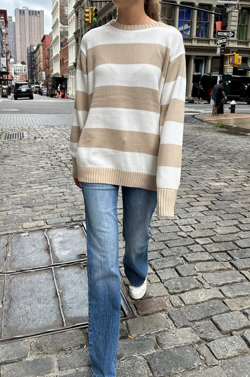 Brandy Melville Women Latte Ivory Stripes Sweaters Brianna Cotton Thick Stripe Sweater - 2