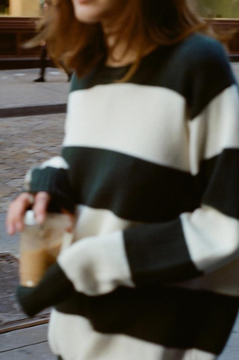Brandy Melville Sweaters Women Violet Cotton Striped Sweater Ivory Dark Green Stripes - 1