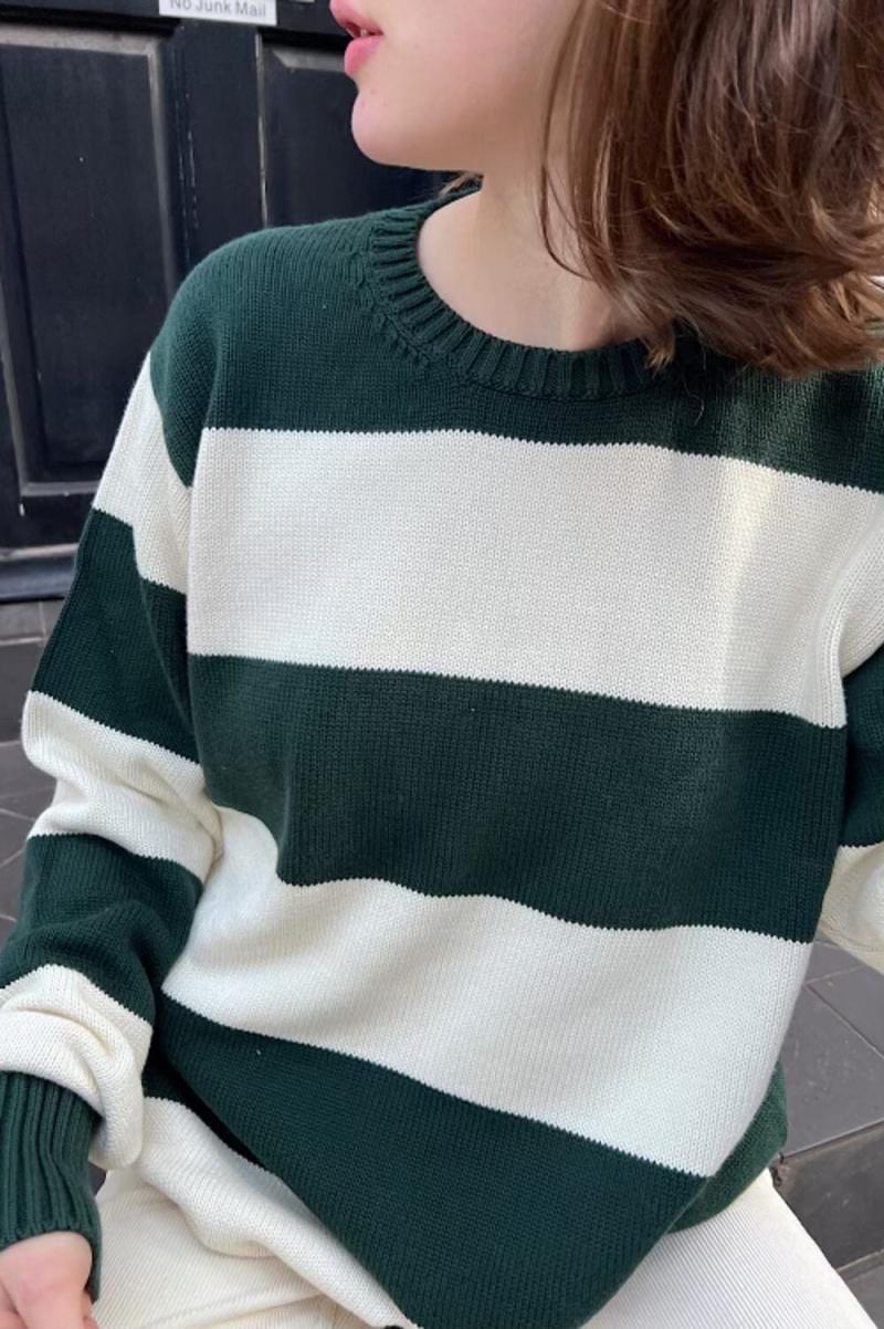 Brandy Melville Sweaters Women Violet Cotton Striped Sweater Ivory Dark Green Stripes - 2