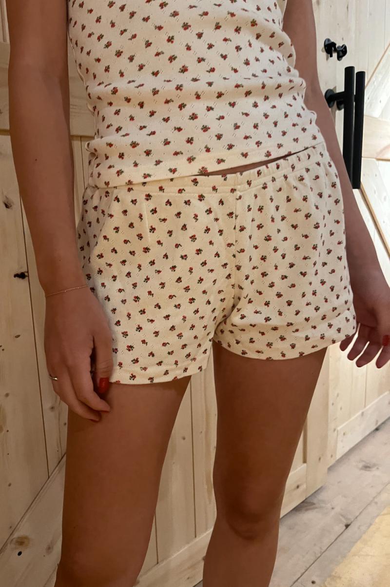 Emery Floral Cotton Shorts Women Bottoms White With Red And Green Floral Brandy Melville - 1