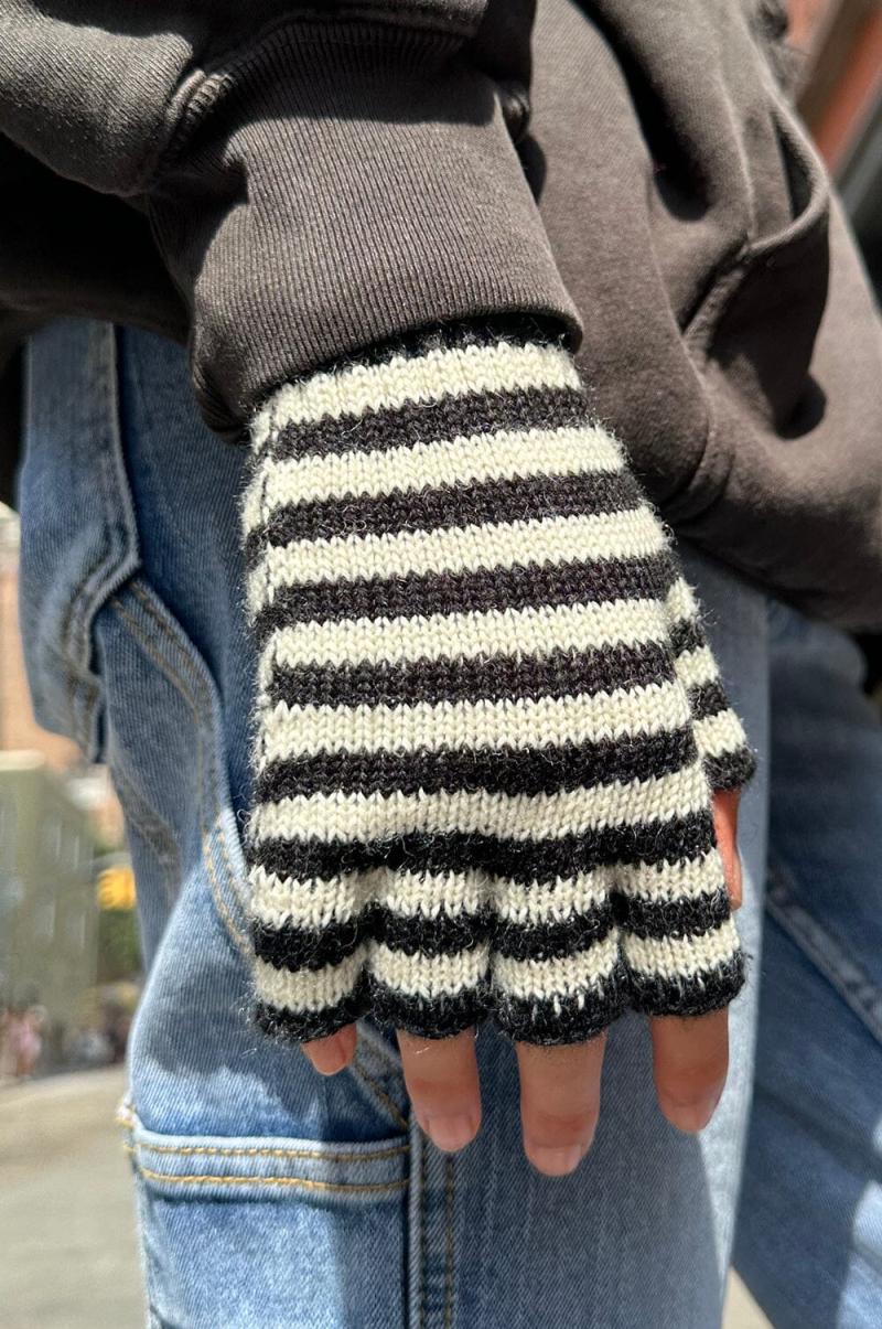Stripes White And Black Stripe Women Brandy Melville Fingerless Wool Striped Gloves - 1