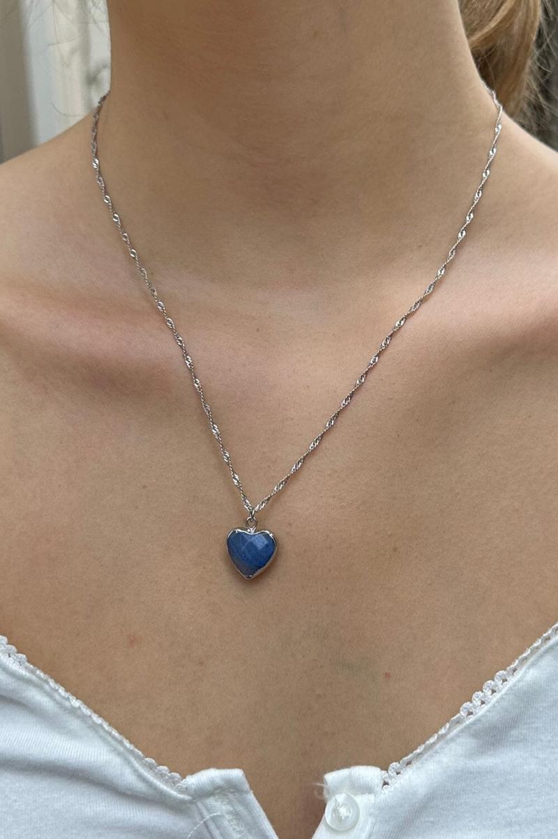 Women Silver Blue Heart Necklace Brandy Melville Jewelry - 1