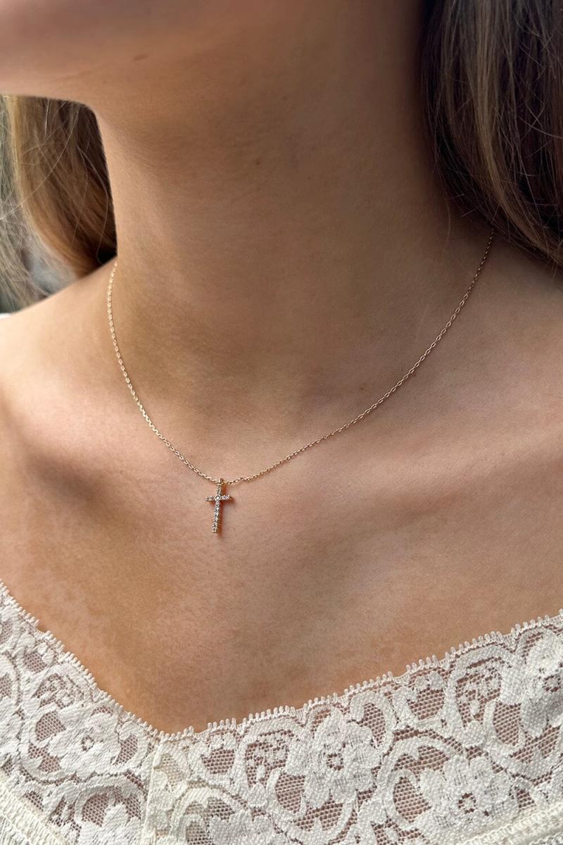 Women Brandy Melville Rhinestone Cross Necklace Jewelry Silver - 2