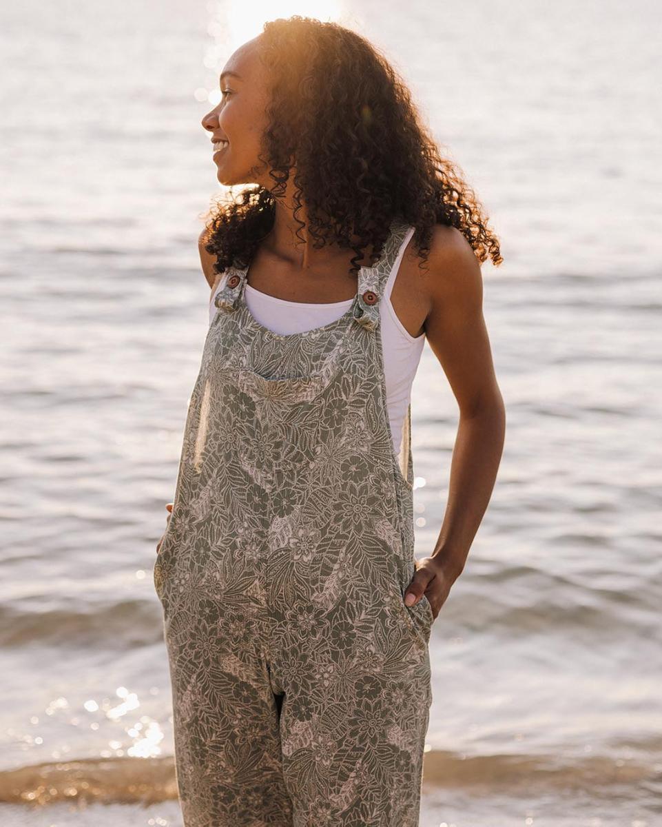 Pistachio Floral Women Blowout Dungarees & Trousers Serenity Organic Cotton Dungarees Passenger Clothing - 2