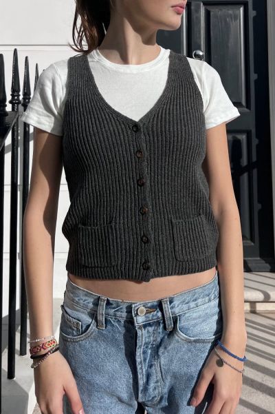 Elizabeth Wool Button Vest Women Brandy Melville Charcoal Grey Sweaters