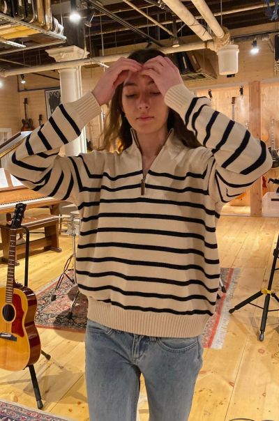 White With Thin Navy Stripes Brandy Melville Women Aleah Cotton Stripe Sweater Sweaters