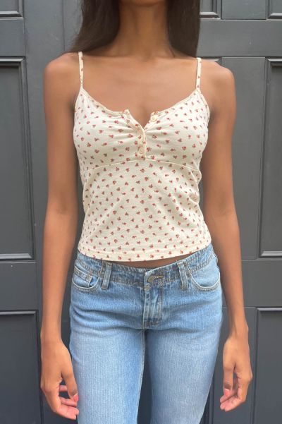Brandy Melville Ivory With Red And Green Floral Women Tiffany Floral Tank Tops