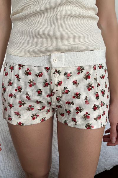 Women Floral Waffle Boyshort Underwear Ivory With Red And Green Floral Brandy Melville Bottoms