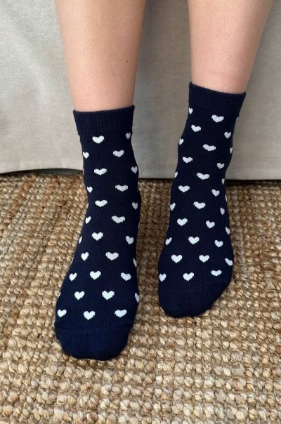 Navy Blue With White Hearts Brandy Melville Women Navy Blue Socks White Hearts Socks