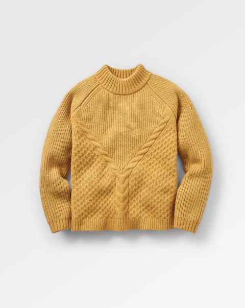 Women Passenger Clothing Knitwear Sustainable Cozy Recycled Cable Knit Jumper Mustard Gold